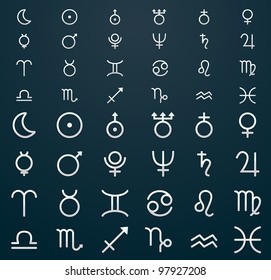 Vector silver zodiac, sun and planet sign set in 29x29 and 48x48 pixels