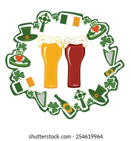 Vector simbols of Saint Patricks day and Ireland clover, beer, hat, glass, ring, cross, flag in concept design background