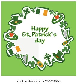 Vector simbols of Saint Patricks day and Ireland clover, beer, hat, glass, ring, cross, flag in concept design background