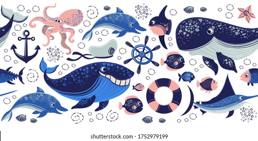 Vector simless horizontal pattern with animals and fish on white backgrounde. 