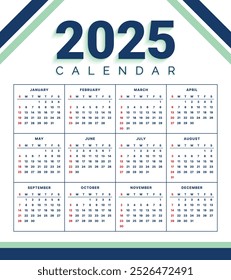 Vector Simple 2025 Diseño de diseño de calendario de año Nuevo