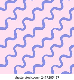 Vector simple abstract seamless pattern. Repeating background with blue wavy diagonal lines in hand drawn style. 