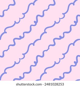 Vector simple abstract seamless pattern. Repeating background with blue diagonal wavy scribbles in hand drawn style on pink background.