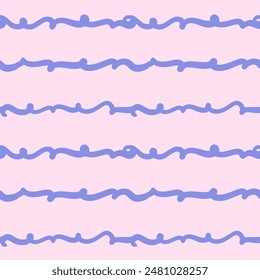 Vector simple abstract seamless pattern. Repeating background with blue wavy scribbles in hand drawn style on pink background.