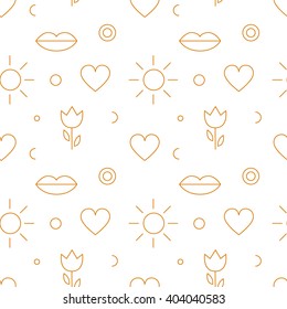 Vector simple vector abstract seamless pattern with flower, lips, heart, sun. Seamless pattern for wallpapers, pattern fills, web backgrounds, surface textures, textile.
