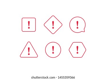 Vector simple attention icon set. Red outline icons with exclamation mark isolated on white background. Design element for sale, survey, promo, important info, web, offer, security, info service.