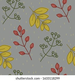 Vector simple autumn pattern with leaves, seeds and berries. Scandinavian style. linear sketch, bright autumn children's print