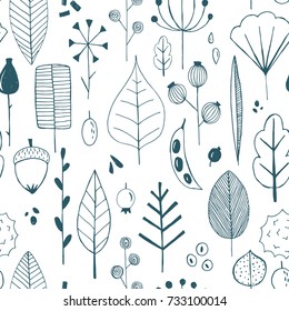Vector simple autumn pattern with leaves, seeds and berries. Scandinavian style . linear sketch
