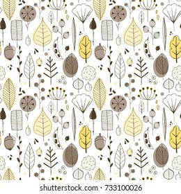 Vector simple autumn pattern with leaves, seeds and berries. Scandinavian style. linear sketch, autumn children's print