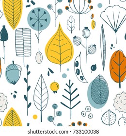 Vector simple autumn pattern with leaves, seeds and berries. Scandinavian style. linear sketch, bright gay children's print