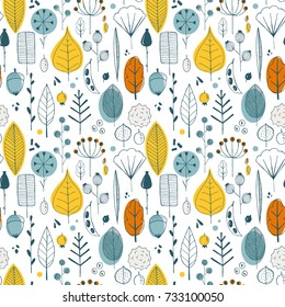 Vector simple autumn pattern with leaves, seeds and berries. Scandinavian style. linear sketch, bright autumn children's print