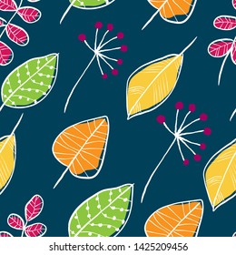Vector simple autumn seamless pattern with leaves and berries. Scandinavian style. linear sketch, bright gay children's print.