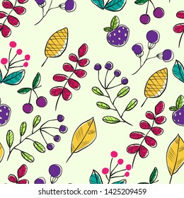 Vector simple autumn seamless pattern with leaves, flowers and berries. Scandinavian style. linear sketch, bright gay children's print.