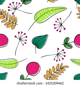 Vector simple autumn seamless pattern with leaves, flowers and berries. Scandinavian style. linear sketch, bright gay children's print.
