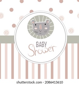 Vector simple baby shower card with lion face in Scandinavian style 