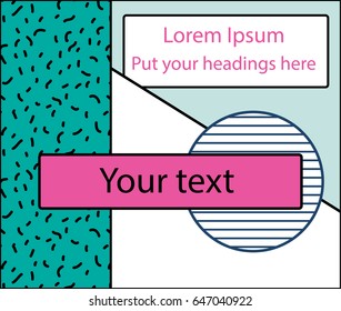 Vector simple background with memphis style pattern. Template with 80's - 90's fashion. Frame for your design. Poster, banner, flayer , advertisement element. 