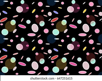 Vector simple background with memphis style seamless pattern. Geometric shapes, figures Template with 80's - 90's fashion for your design. Poster banner flayer advertisement element. Black background