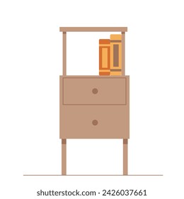 Vector simple bedside table with open shelf. Wooden locker with a books isolated on a white background.