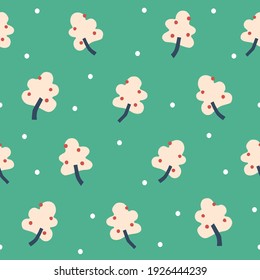 Vector simple berry tree with snow motif illustration seamless repeat pattern green background