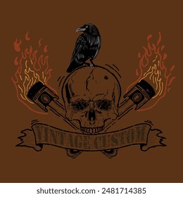 vector simple biker logo with a skull and a burning piston