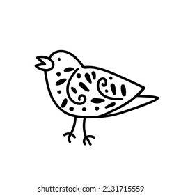 Vector simple black line bird illustration for Easter hand drawn. Single spring holiday animal picture in doodle style. Design for stickers, social media, cards, packaging, printing.