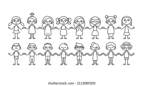 Vector simple línea negra, chica y niño cogidos de la mano. Aislado sobre fondo blanco. Aislado sobre fondo blanco.
