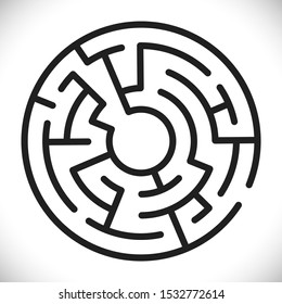 Vector simple black maze circle. Simple black labyrinth. Vector maze symbol. Labyrinth isolated on white background. Abstract decoration design. Modern geometric background. Symbol of education game.