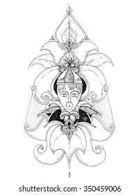 vector simple black on white drawing - decorative element with a portrait detailed