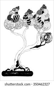 vector simple black on white drawing - BONSAI - decorative circles art deco