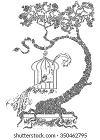 vector simple black on white drawing - BONSAI - curved tree with a magic bird in a cage line art