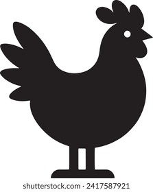 The vector is a simple black silhouette of a chicken, presented in a side profile. The silhouette captures the characteristic features of a chicken such as the comb, wattle, beak, and feathers.