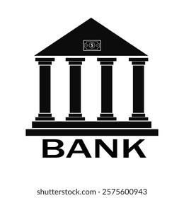 Vector of simple black and white Bank building with money logo on top on white background