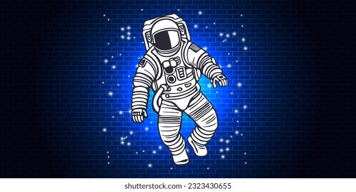 Vector simple black and white hand drawn astronaut. Against the background of a blue luminous brick wall with stars. Space abstract poster. Cosmonaut in a spacesuit.