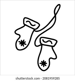 Vector simple black and white illustration in doodle style mittens on a string