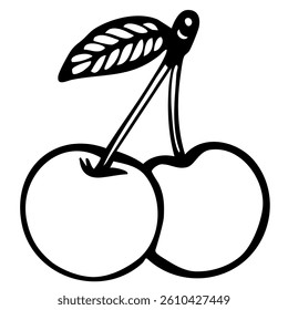 A vector simple black and white illustration of two cherries connected by a stem, with a single leaf on one cherry.