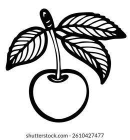 A vector simple black and white illustration of a fruit with two leaves attached to its stem. The fruit is round and appears to be an apple or similar type of fruit.