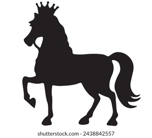 Vector simple black and white silhouette ready to print: fairytale magic fantasy king horse with crown on his head