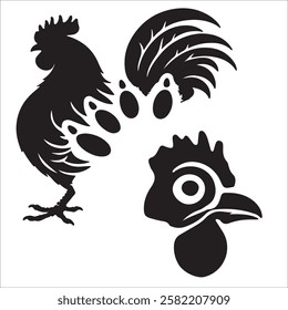 Vector simple black and white silhouette:  bird hen rooster logo concept
