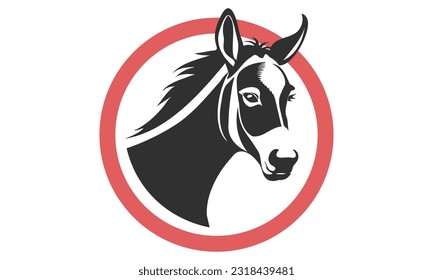 Un vector de esténcil blanco y negro de un burro lindo en un círculo rojo sobre un fondo blanco. Pegatina, icono o insignia.