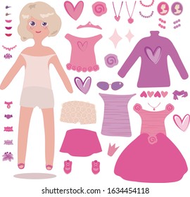 Vector simple blond girl doll princess with a set of pink dresses and accessories objects isolated on transparent background.