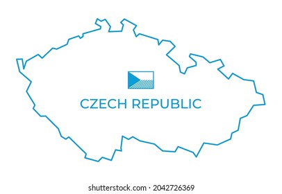 Vector simple blue line map of the Czech Republic with monochrome line flag. Isolated on white background.