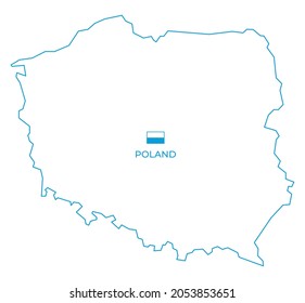 Vector simple blue line map of the Poland with monochrome line flag. Isolated on white background.