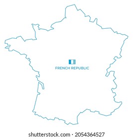 Vector simple blue line map of the France with monochrome line flag. Isolated on white background.