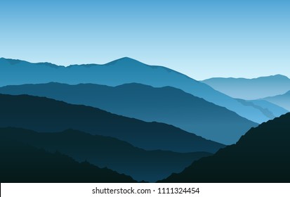 Vector simple blue silhouettes of misty mountains and hills