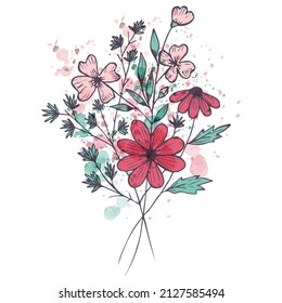 Vector simple bouquet of field pink flowers. Watercolor splashes. Manual drawing. Vector illustration. Isolated object on a white background.