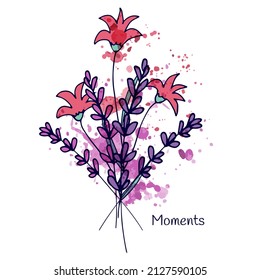 Vektorschlichter Strauß mit wilden rosa Blumen und violettem Lavendel. Die Aquarellfarbe spritzt. Manuelle Zeichnung. Einziger Gegenstand auf weißem Hintergrund.