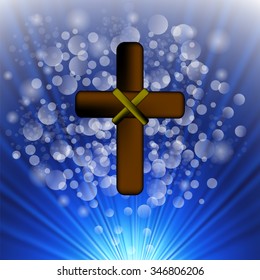 Vector Simple Brown Wooden Cross on Blue Blurred Background