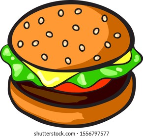 Vector simple burger with biff chese tomato and salad. Food for snack. Illustration isolated object use for design and decoration menue icone as a unhealthy but testy dinner. Cartoon style.