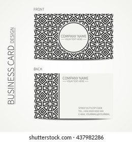 Vector simple business card design. Template. Black and white. Business card for corporate business and personal use. Calling card. Geometric monochrome line lattice arabicpattern. Oriental style.