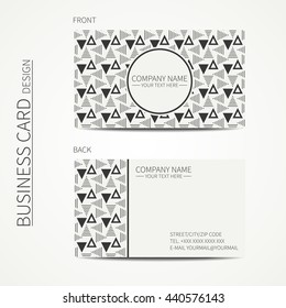 Vector simple business card design. Template. Black and white. Business card for corporate business and personal use. Calling card. Geometric monochrome triangle pattern. Delta, trigon.